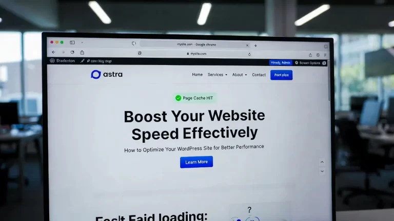 Modern computer screen displaying a fast-loading WordPress website using Astra theme and LiteSpeed Cache, showing high PageSpeed score for effective website speed optimization